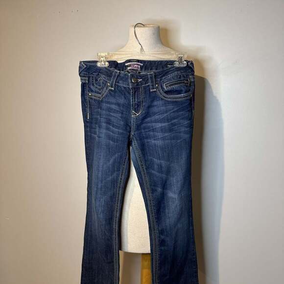 Vintage rerock for Express Barely Boot Stretch Dark Wash Denim Jeans W sz 8s - Picture 1 of 6